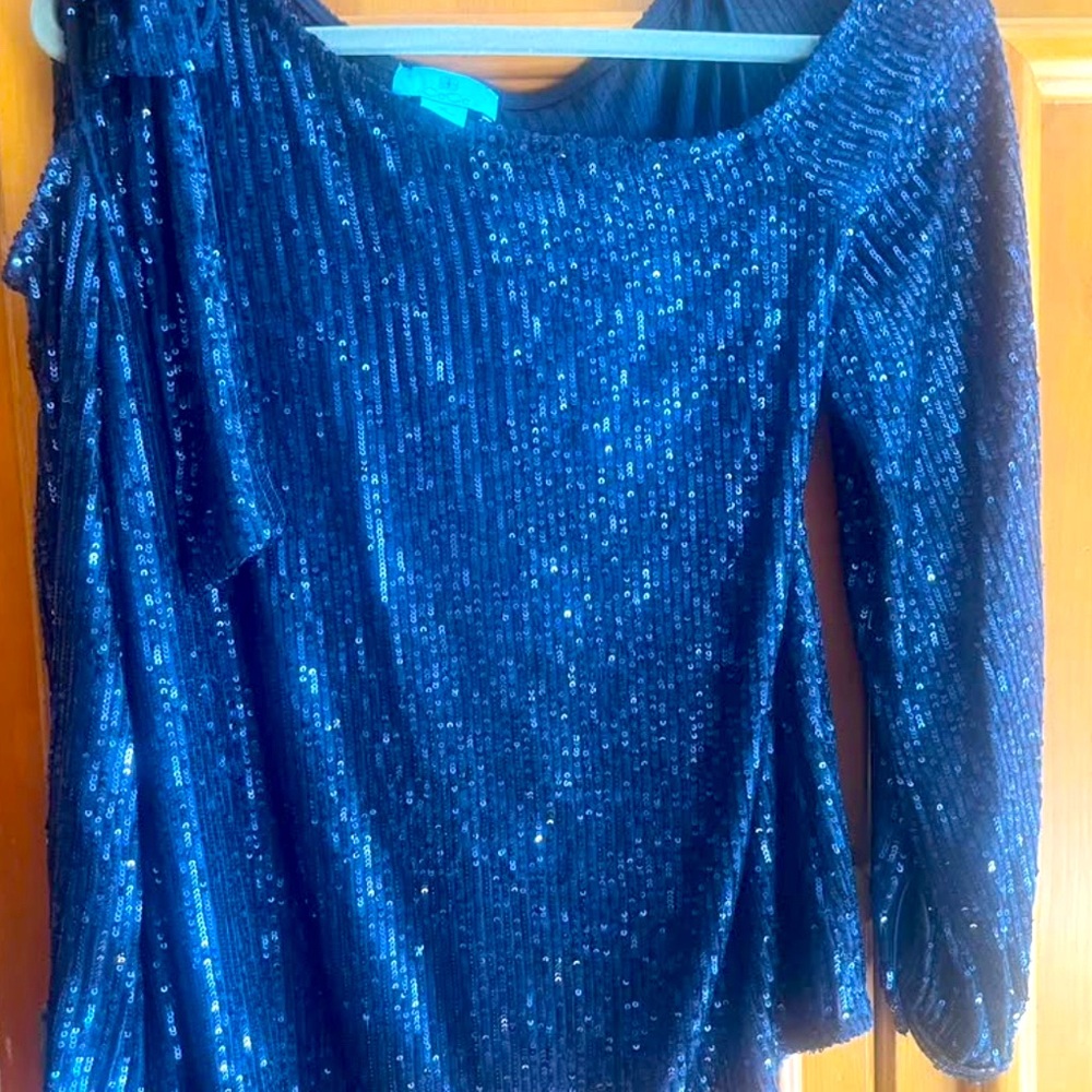 Elegant Navy Sequin Off-Shoulder Top
